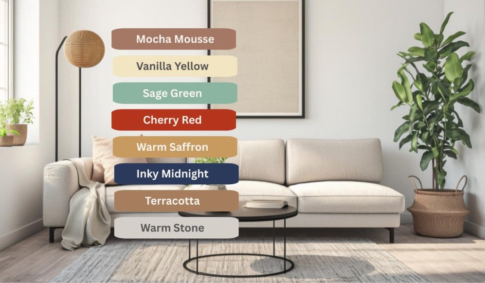 Interior scene with trending 2025 fabric colors including mocha mousse, sage green, cherry red, saffron, and inky midnight