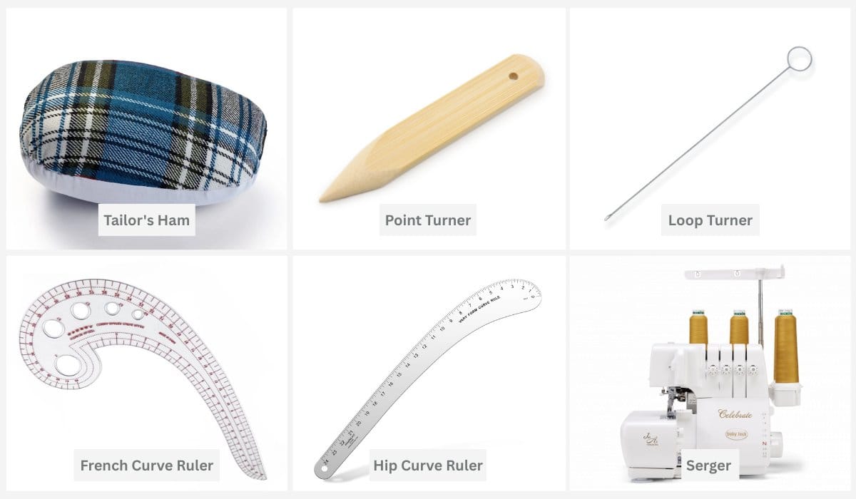 advanced sewing tools including tailor ham point turner loop turner curve rulers and serger machine