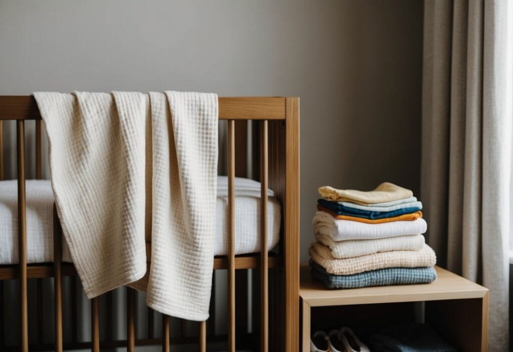 A cozy nursery with a soft, organic cotton blanket draped over a wooden crib. A pile of colorful, natural fiber baby clothes sits neatly folded on a nearby shelf