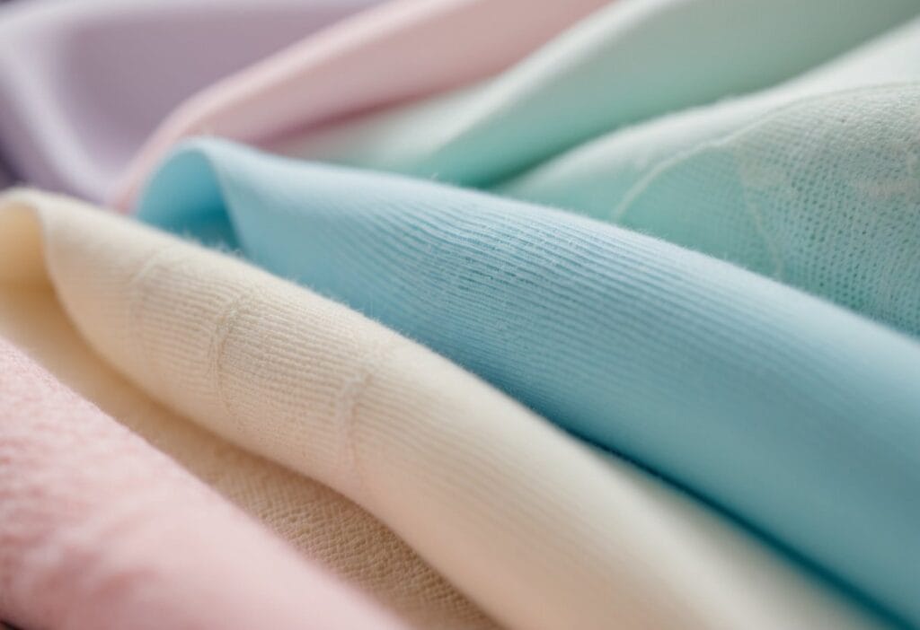 A close-up of soft, breathable fabrics in pastel colors, with gentle textures and delicate patterns