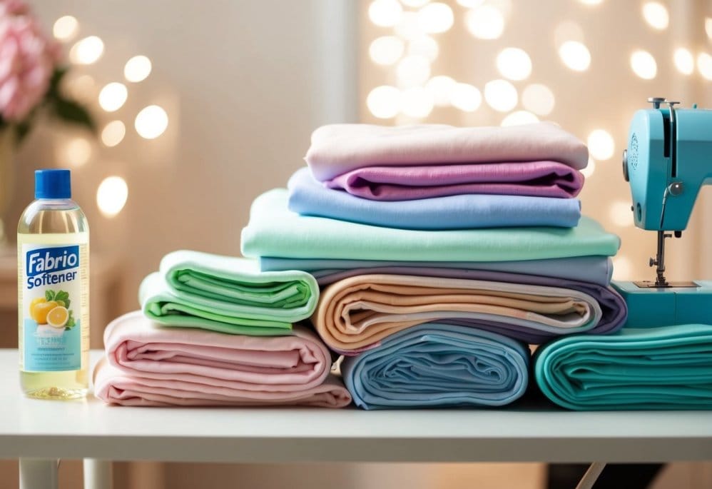 A pile of soft, durable fabrics in various pastel colors, neatly folded and arranged on a table next to a bottle of fabric softener and a sewing machine