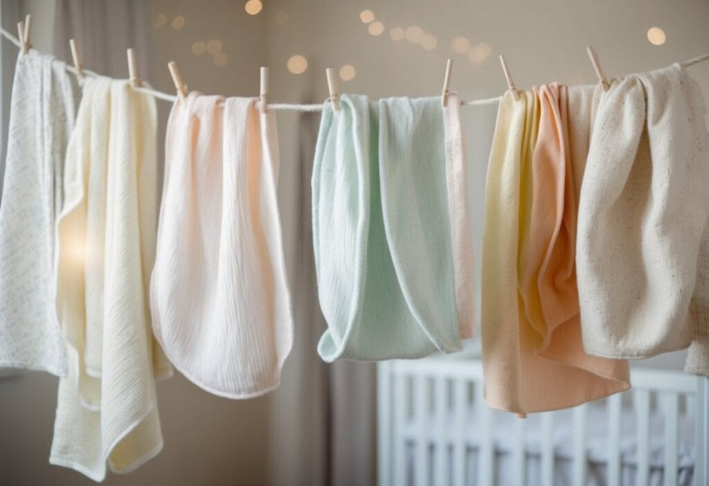 A cozy nursery with soft, breathable fabrics hanging on a clothesline, featuring gentle pastel colors and delicate textures