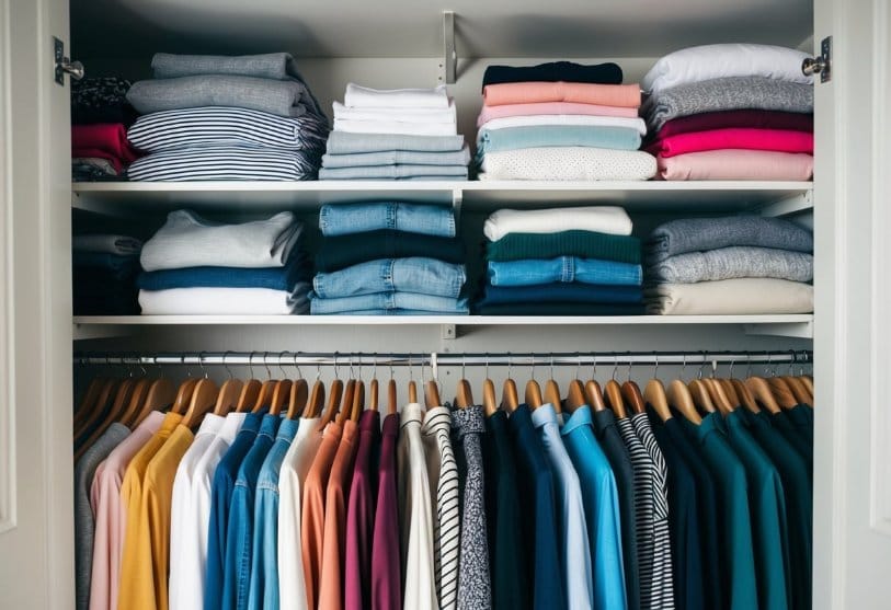 A closet filled with neatly folded and hanging tops of various styles and colors, ready for any casual occasion