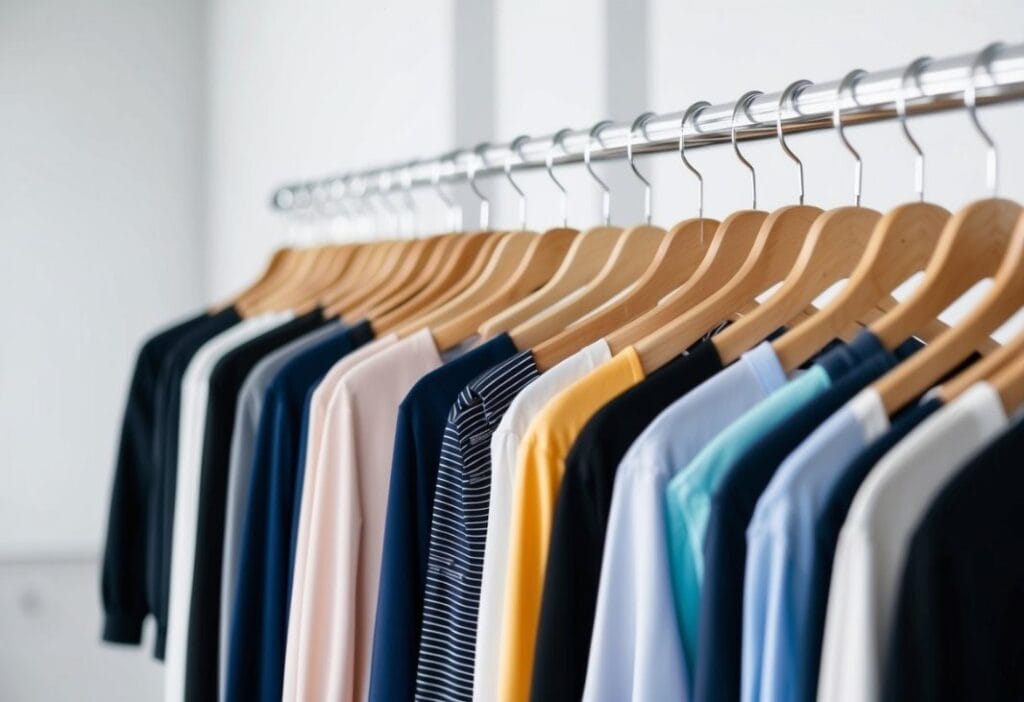 A row of neatly organized tops on hangers, ranging from professional blouses to casual t-shirts, displayed against a clean, minimalist backdrop