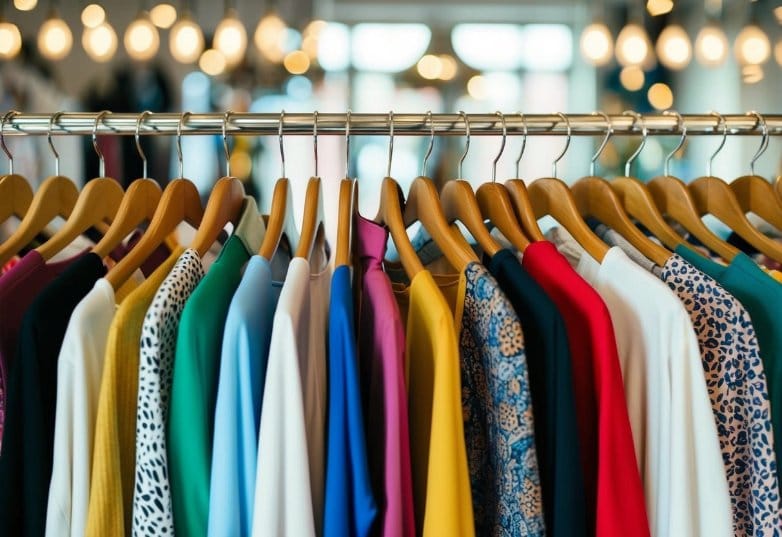 A colorful display of various tops on hangers, arranged by season and occasion, with trendy patterns and styles