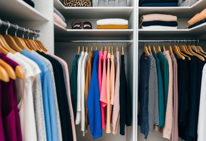 A well-organized closet with shelves of different colored and styled tops neatly arranged for easy access and selection