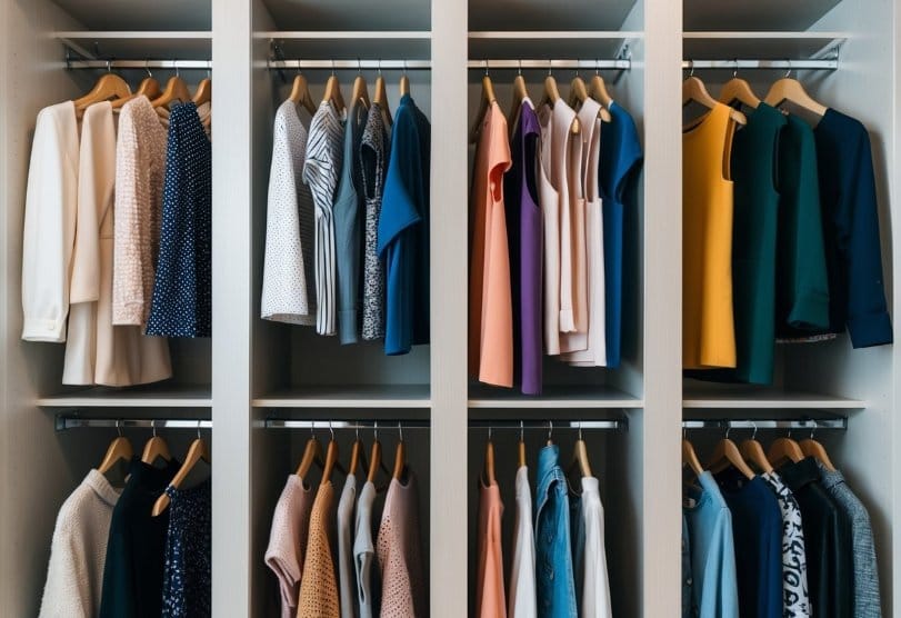A closet with shelves displaying a variety of stylish tops for different occasions, from casual to formal, with different colors, patterns, and fabrics