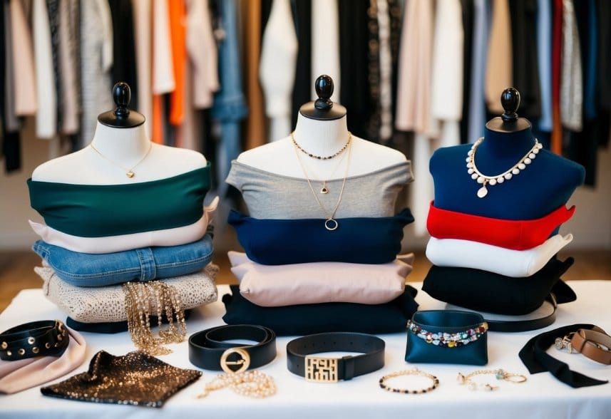 A collection of stylish tops arranged on a table, with various accessories like scarves, jewelry, and belts displayed alongside