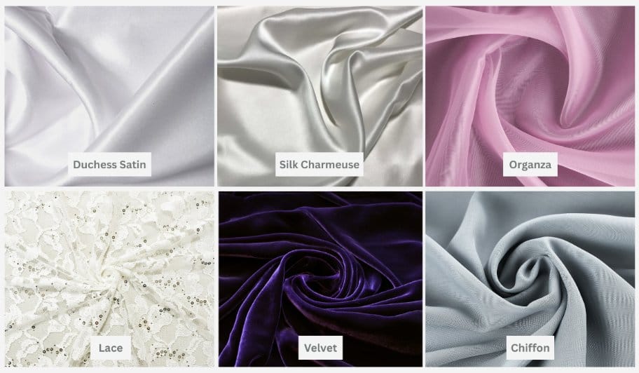 Collage of duchess satin, silk charmeuse, organza, lace, velvet, and chiffon fabrics
