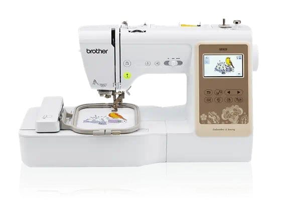 Brother SE625 computerized sewing and embroidery machine with LCD screen and embroidery hoop attached