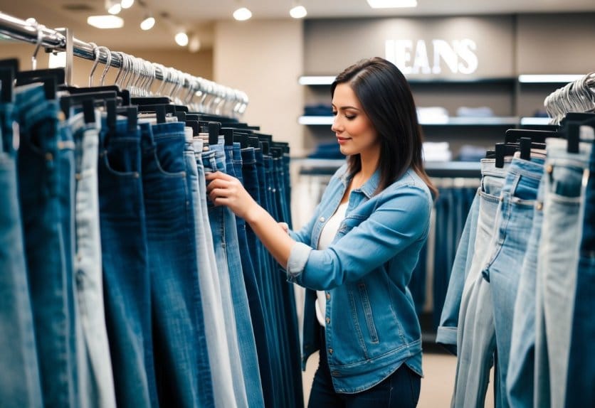 A woman browsing through racks of jeans in a well-lit store, carefully examining different styles and washes