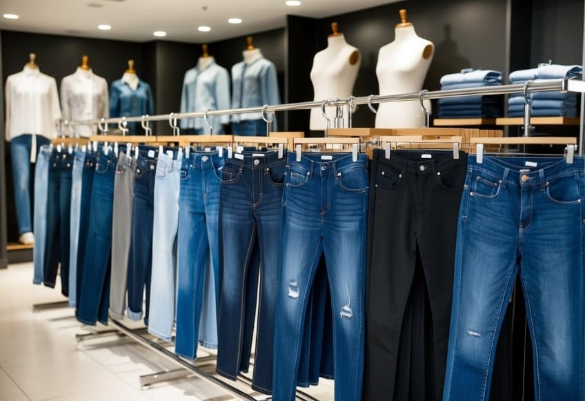 A variety of jeans in different styles and fits displayed on racks and mannequins in a well-lit and modern retail store