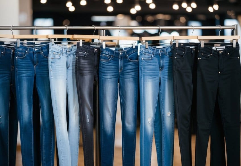 A variety of jeans in different styles and sizes displayed on mannequins or hangers, showcasing options for various body shapes
