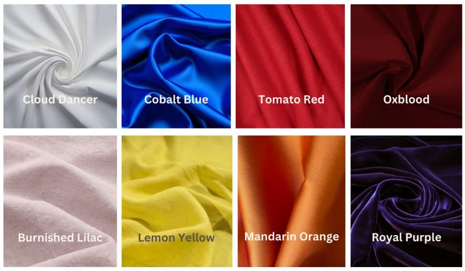 Fabric color palette grid featuring cloud dancer, cobalt blue, tomato red, oxblood, lilac, yellow, orange, and purple textiles