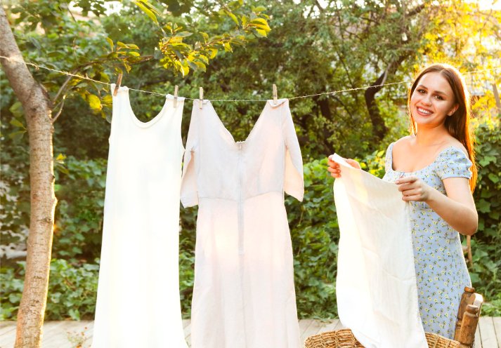 Proper dress care showing washing, drying, and storage techniques