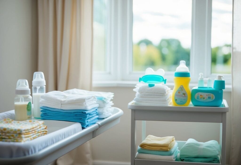 A changing table with diapers, wipes, and baby clothes neatly organized next to a feeding station with bottles, formula, and burp cloths