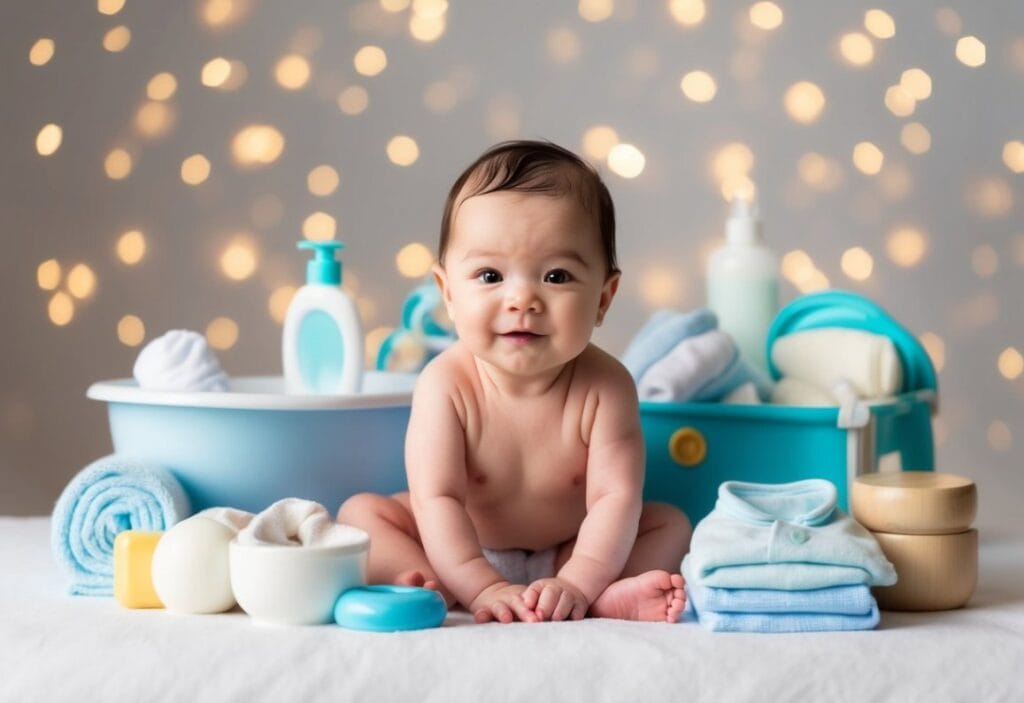 A newborn baby surrounded by baby bath essentials, health care items, and essential clothing