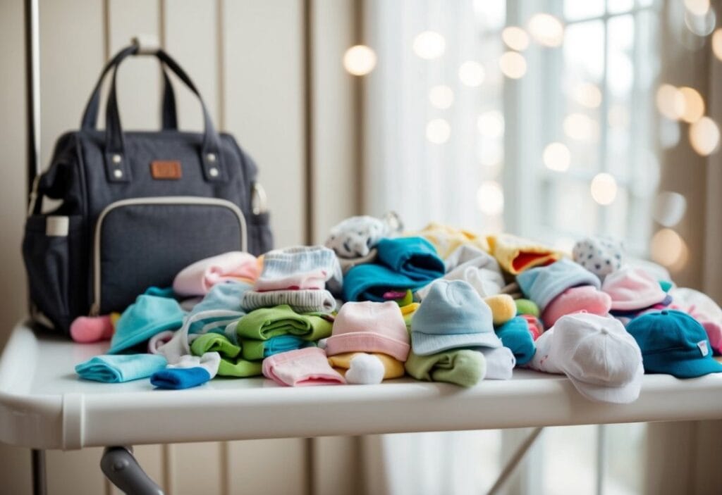 A pile of tiny onesies, socks, and hats scattered on a changing table next to a diaper bag and baby carrier
