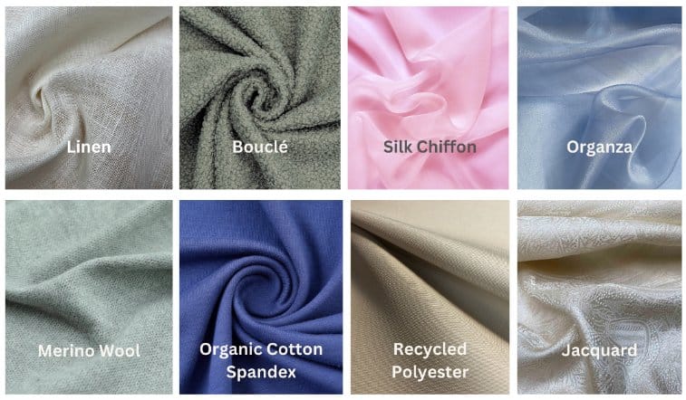 Fabric comparison chart showing linen, boucle, silk chiffon, organza, merino wool, organic cotton spandex, recycled polyester, and jacquard