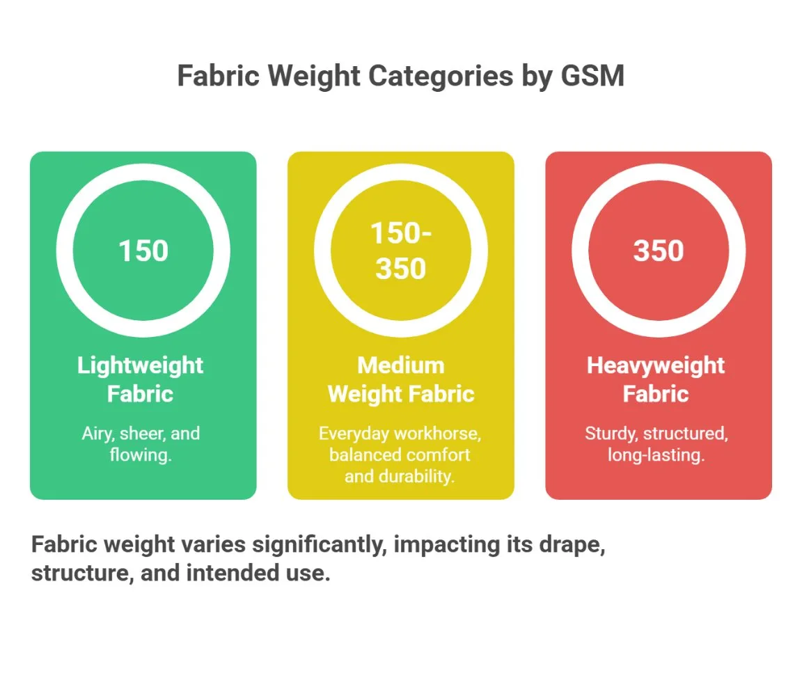 fabric weight categories infographic showing lightweight medium weight and heavyweight fabrics measured by GSM