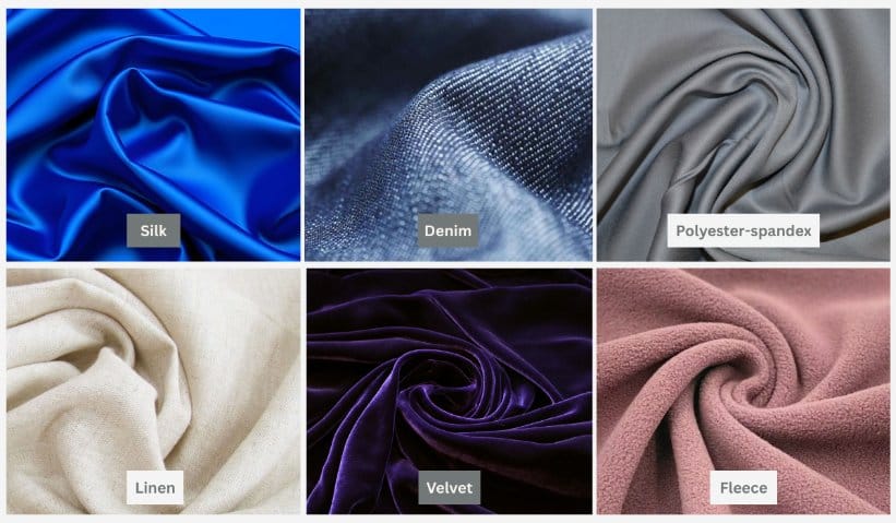 Collage of silk, denim, polyester spandex, linen, velvet, and fleece fabrics