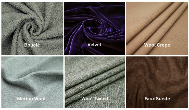 Warm fall and winter fabrics including wool and fleece in rich deep tones