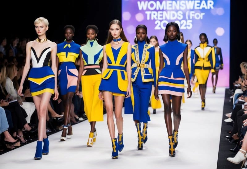 A runway show featuring futuristic womenswear trends for 2025. Models showcase avant-garde designs with bold colors and innovative silhouettes