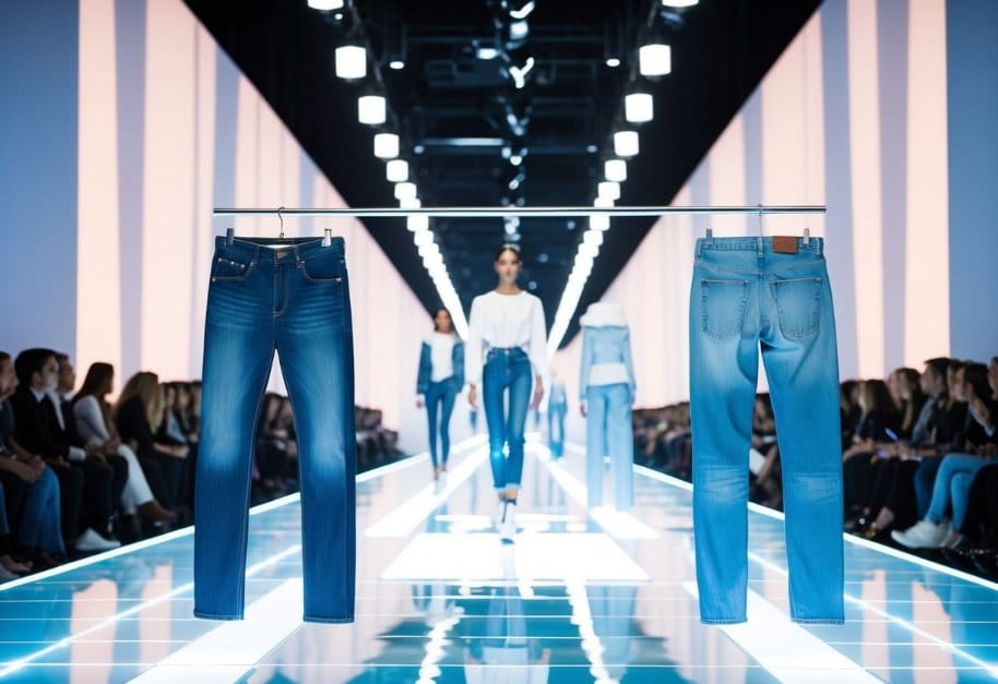A futuristic denim fashion show with holographic runway and floating denim garments