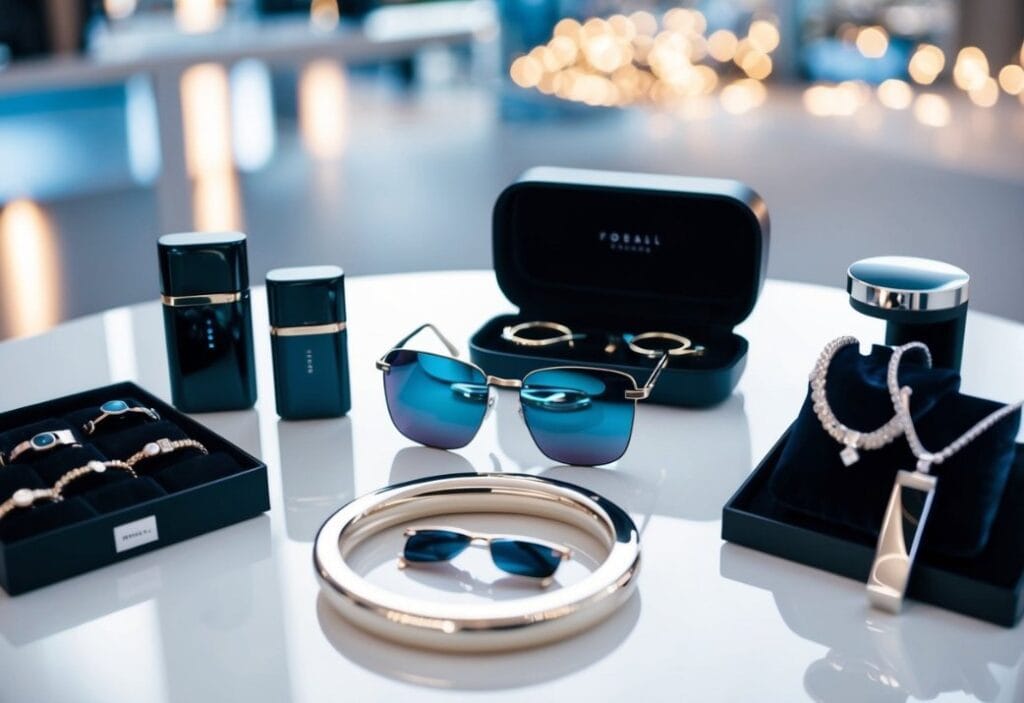 A table displaying futuristic accessories and accompaniments for 2025 fashion trends. Reflective metallic jewelry, sleek sunglasses, and high-tech gadgets are showcased