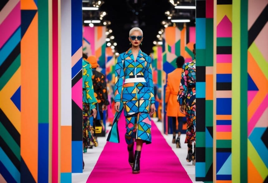 A vibrant array of geometric shapes and bold prints cover a runway, showcasing the latest fashion trends for 2025