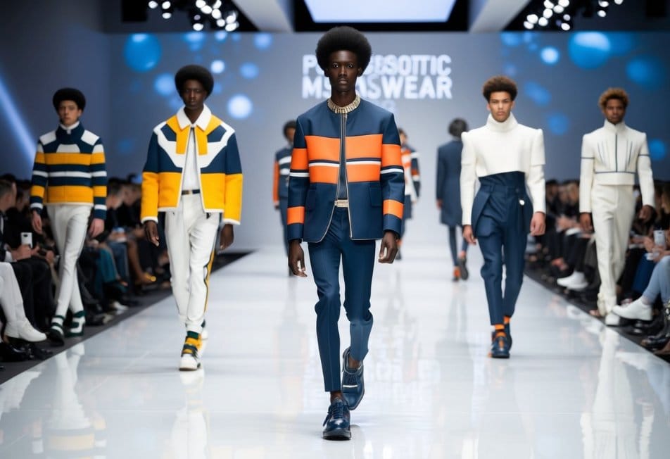 A runway show featuring futuristic menswear designs, with bold patterns and structured silhouettes, showcasing the latest fashion trends for 2025