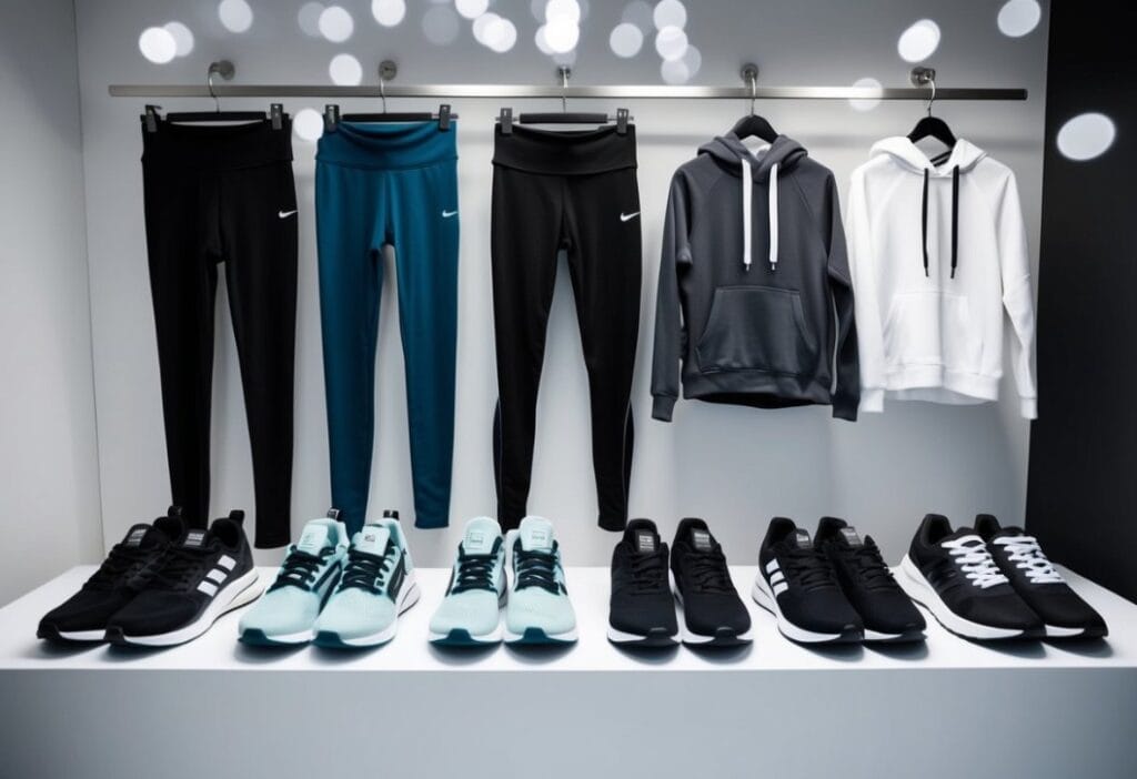 A group of athletic shoes, leggings, and hoodies arranged in a modern, minimalist display