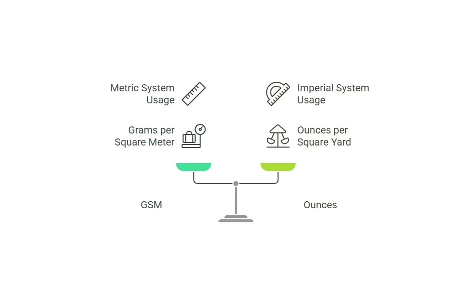 GSM vs Ounces Measurement visual comparison showing fabric weight standards