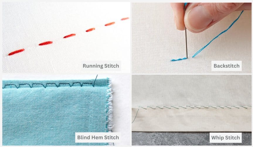 examples of basic hand sewing stitches including running stitch backstitch blind hem stitch and whip stitch