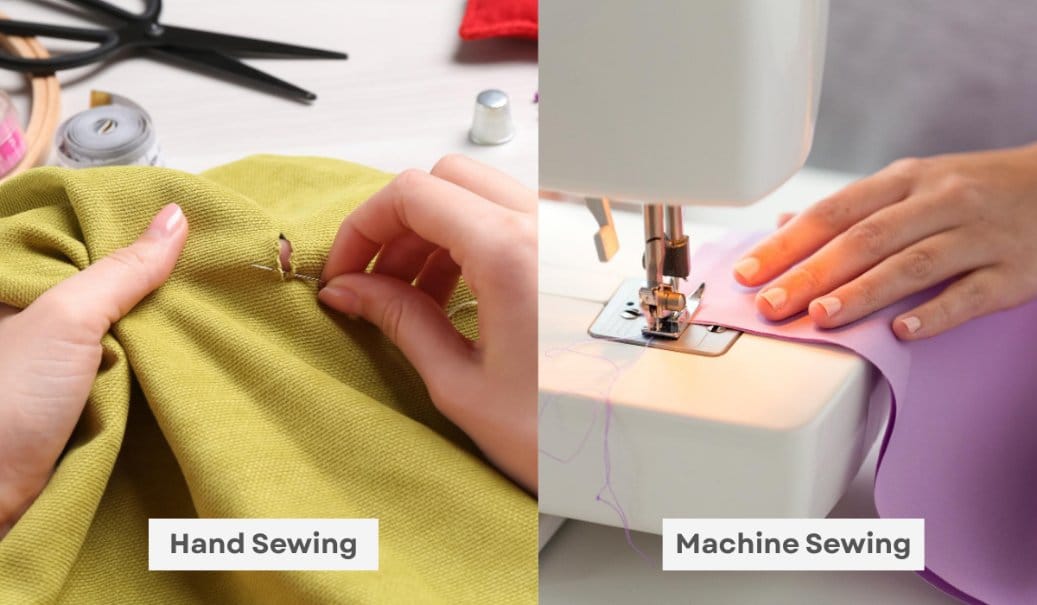 Hand sewing fabric repair compared to machine sewing straight stitch