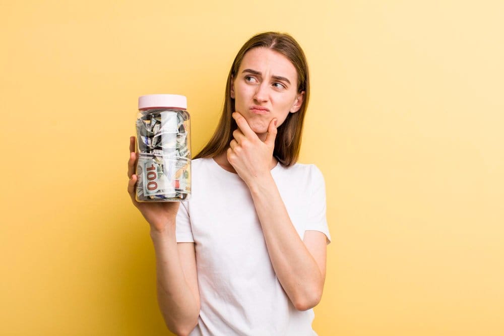 person holding jar of money while thinking about sewing supply budget and startup costs
