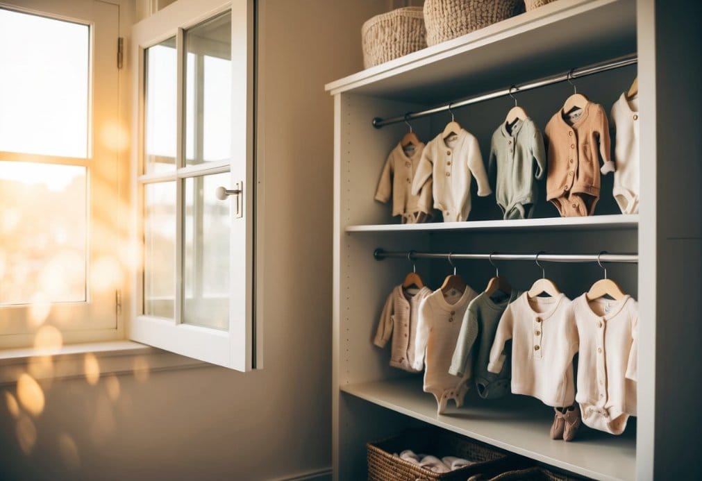 A cozy nursery with shelves of organic baby clothes in soft, natural colors. A gentle breeze flows through an open window, casting a warm glow on the clothing