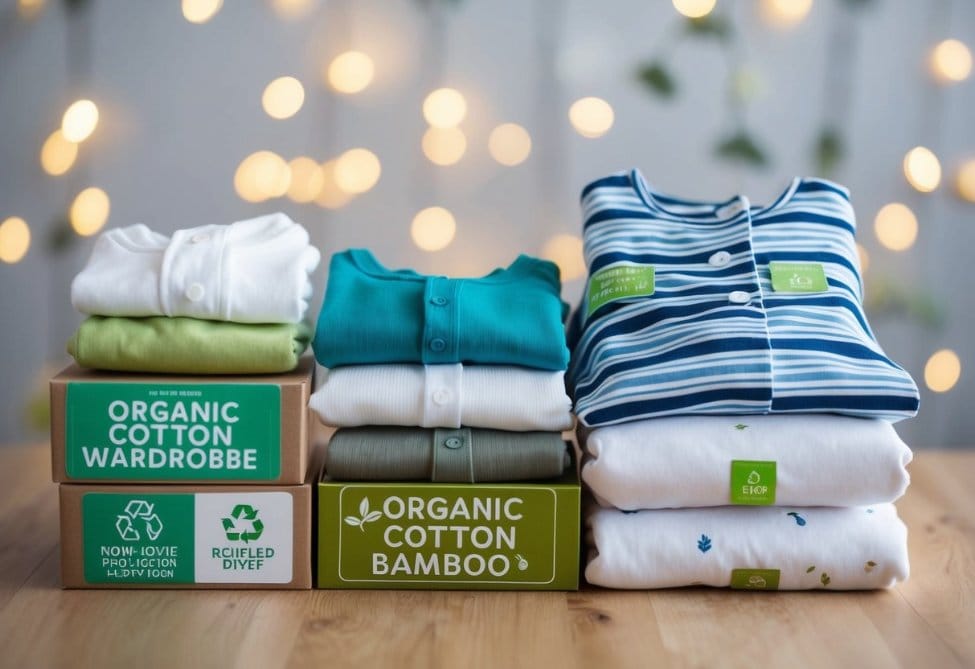 A baby's wardrobe filled with organic cotton, bamboo, and recycled materials. Labels indicate non-toxic dyes and eco-friendly production methods