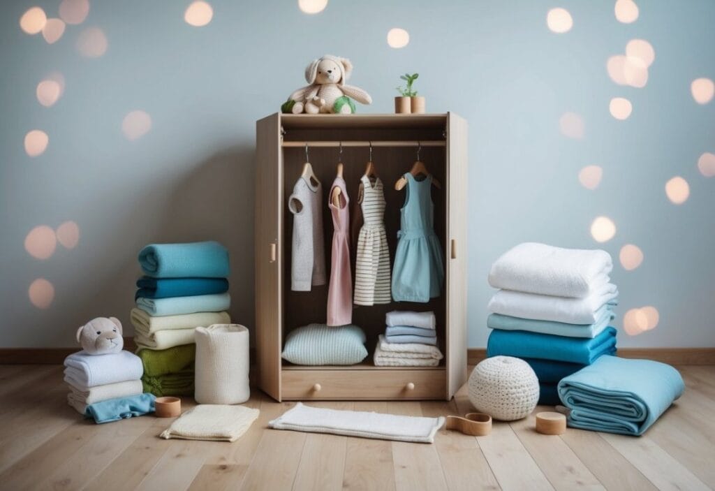 A baby's wardrobe surrounded by eco-friendly, non-toxic textile materials and sustainable production processes