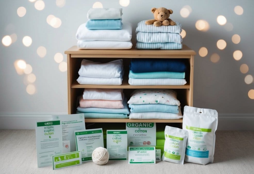 A baby's wardrobe filled with organic cotton and non-toxic dyes, surrounded by safety certifications and labels