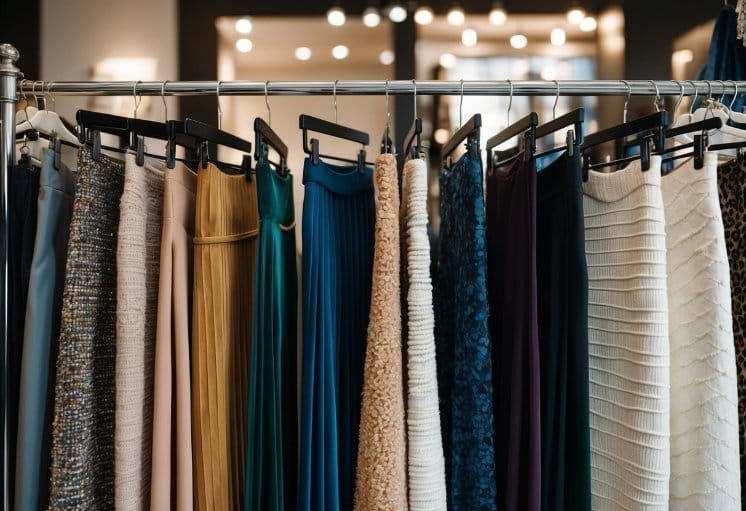A collection of women's skirts in various textures and fabrics arranged on a display rack, with accessories like belts and scarves nearby