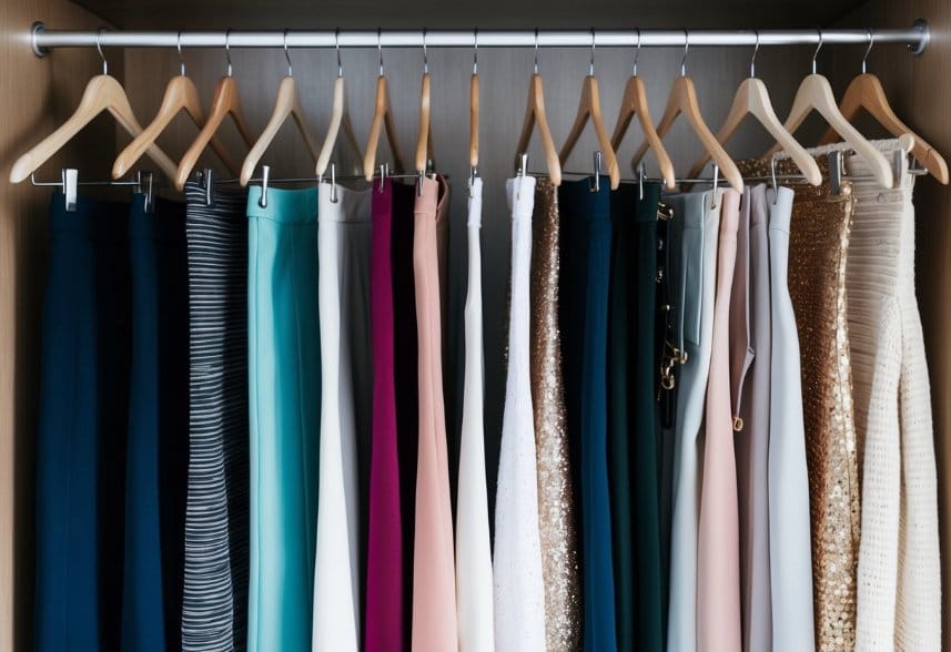 A closet with a variety of skirts hanging neatly on hangers, paired with different tops and accessories, showcasing various outfit options