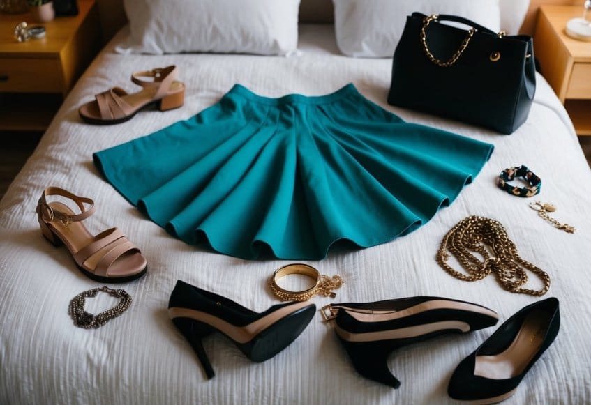 A woman's skirt laid out on a bed with various accessories scattered around, such as shoes, jewelry, and a handbag