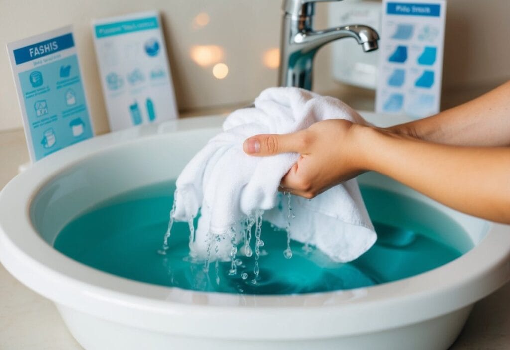 A hand gently washing delicate fabrics in a basin of water, with various fabric types and care instructions displayed nearby