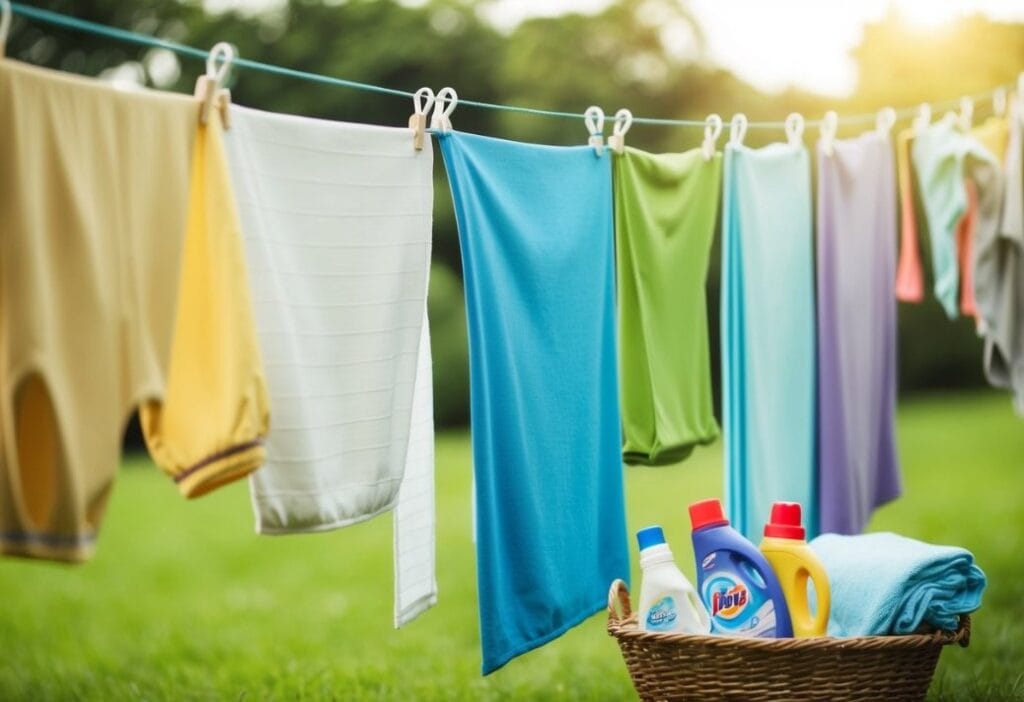 A variety of fabrics hang on a clothesline, with a gentle breeze blowing through them. A basket of laundry detergent and fabric softener sits nearby