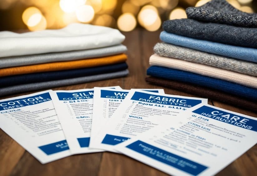 A variety of fabric types (cotton, silk, wool, etc.) laid out with corresponding care instructions