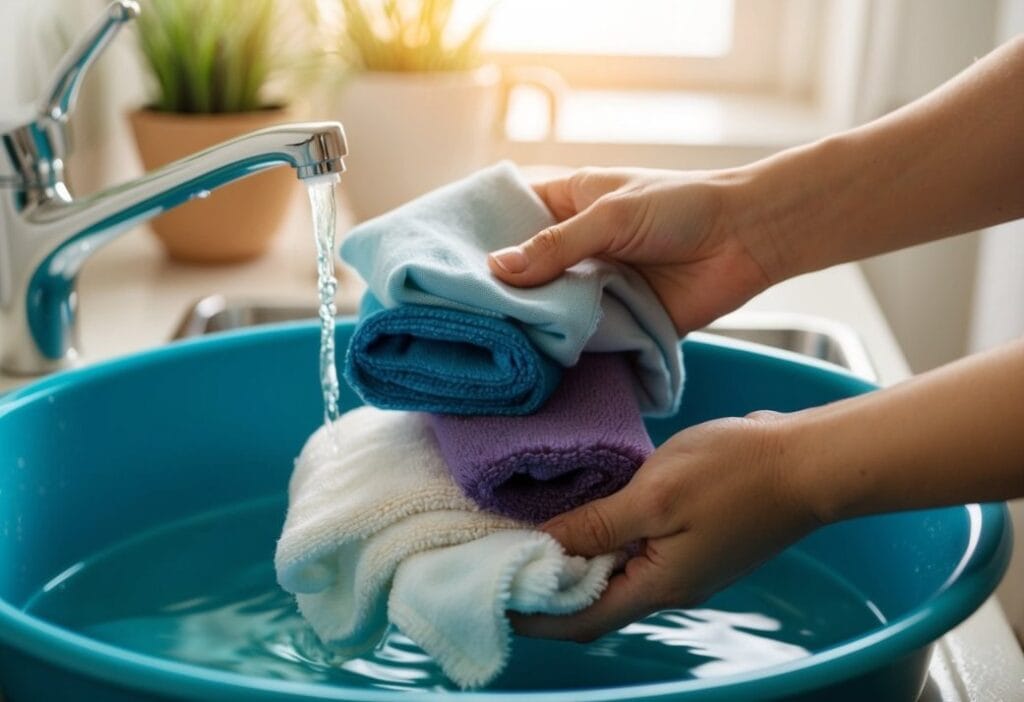 A variety of fabrics being gently washed in a basin of water, with different hand washing techniques demonstrated