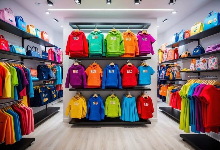 A colorful array of trendy kids' fashion items displayed on shelves and racks in a modern boutique setting