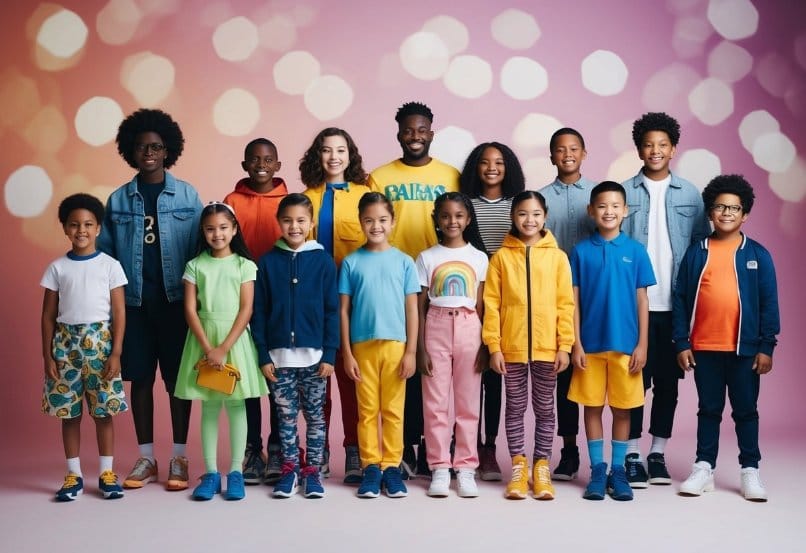 A diverse group of kids and adults are wearing gender-neutral fashion, showcasing the latest trends in clothing and accessories