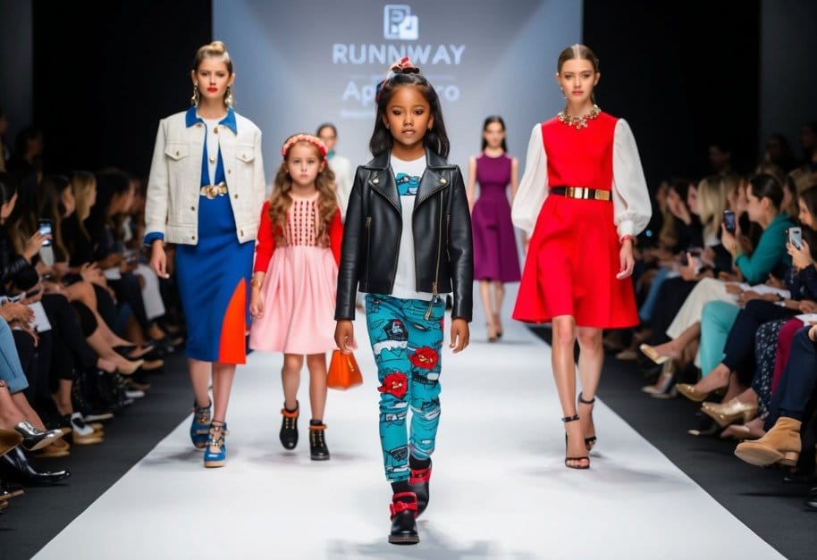 A runway with stylish adult and kids' fashion displayed